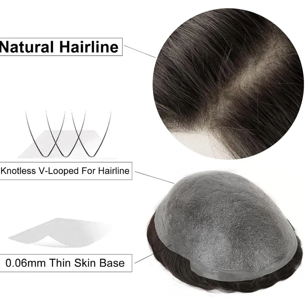 Ash Brown Remy Human Hair Wavy Realistic Scalp Toupee Hair Unit